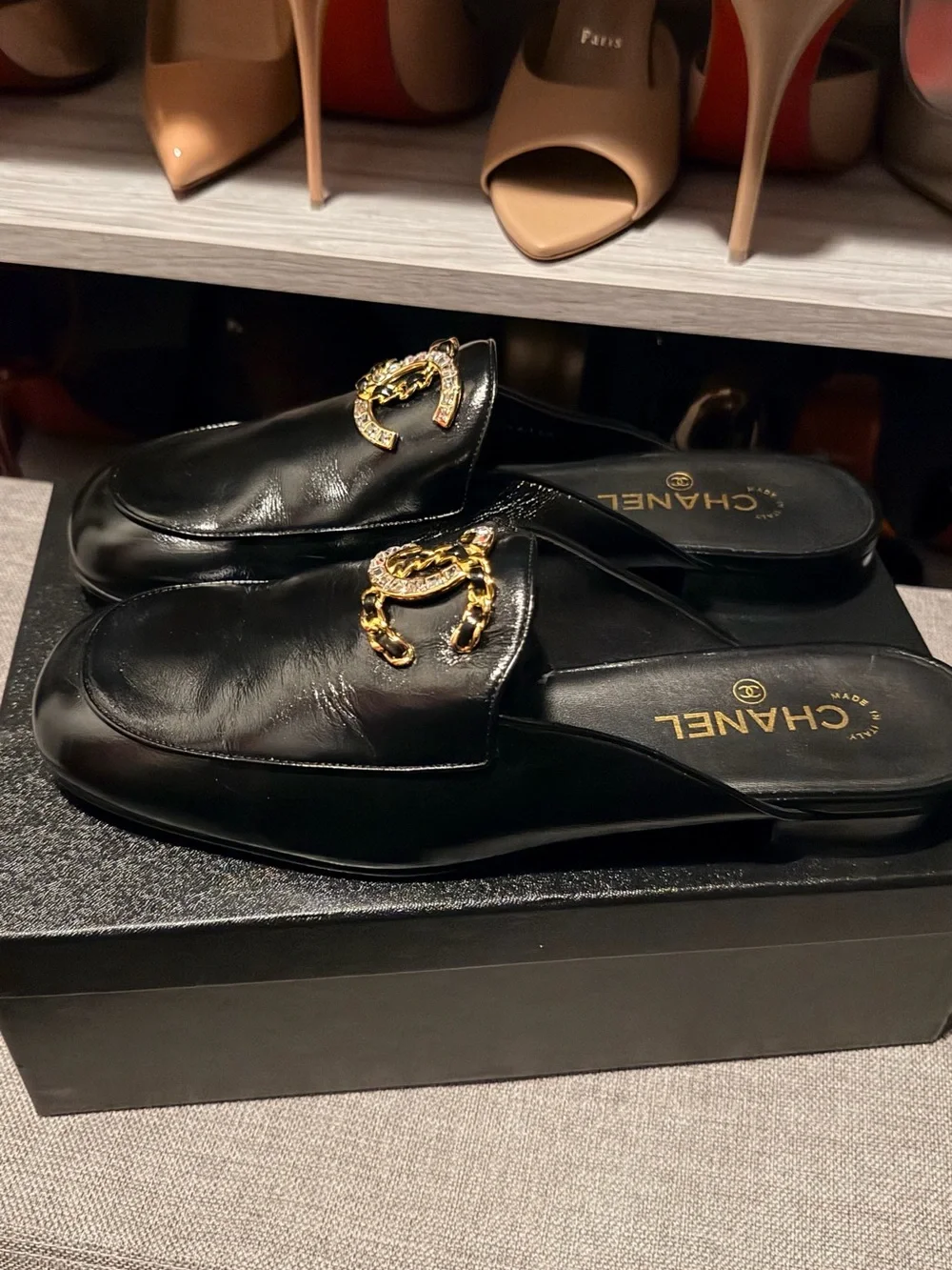 CHANEL Black Leather Crystal CC Slip-On Mules season fall 2024 collection